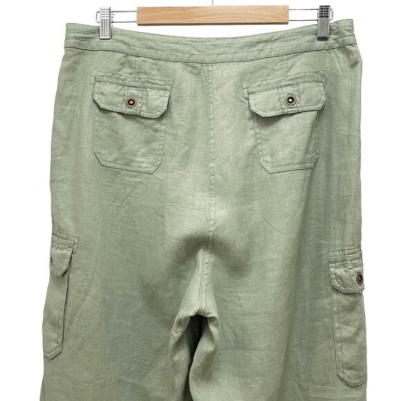 J. Peterman 100% Linen Celery Green Cropped Cargo Pants Size 14 Flowy Lagenlook - Picture 6 of 8